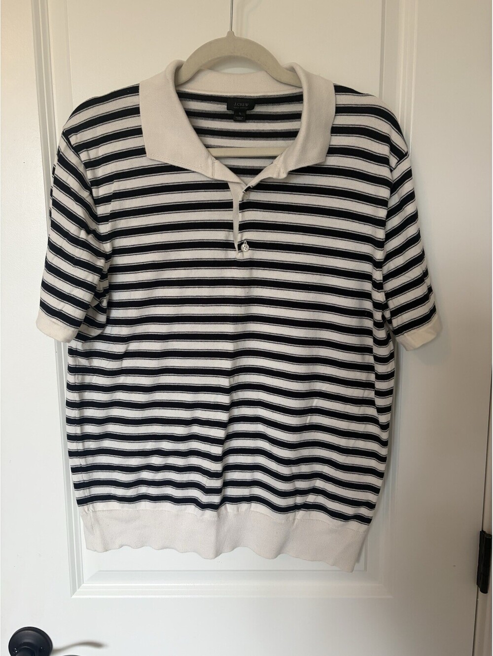 J Crew Womens Vintage Lightweight Polo Sweater Size L Navy White Striped